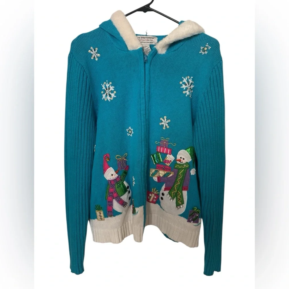 Tiara International Blue Full Zip Hooded Snowman Christmas Cardigan Size Large - Picture 4 of 10